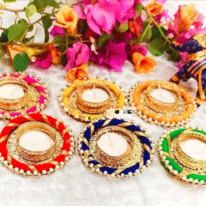 Beautiful Indian Handmade 2 Buti Diya 6Pcs – Gota Fabric Diwali Decoration for Home, Temple, Office & Gifting