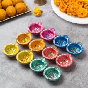 Handcrafted Clay Diya – Colorful Diwali Decoration for Home, Pooja & Gifting (Pack of 12 with Cotton Wicks)