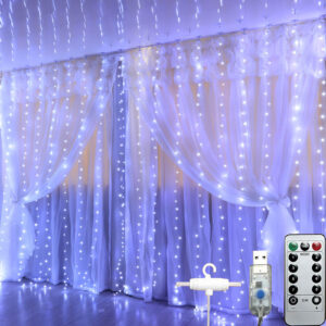 USB Powered 8 Modes Fairy Curtain String Lights – 300 LED Twinkle Lights for Wedding, Party, Bedroom & Home Décor