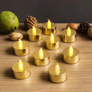 Chronos LED Gold Tea Light Candles | Amber Yellow Glow | Flameless & Elegant Décor Pack of 24