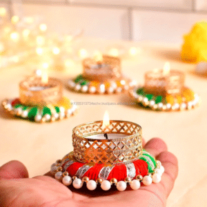 Handcrafted Multicolor Diya Holders 4Pcs – Traditional Metal Tea Light Decor for Diwali, Weddings & Indian Return Gifts