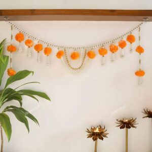 “37 Inch Traditional Door Hanging Toran – Handmade Marigold & Moti Design for Home Décor & Diwali