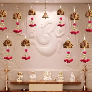 Lotus Pom-Pom Wall Hanging – 7 Inch Handmade Set of 8 for Door & Temple Decoration