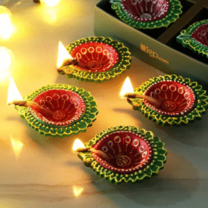 Multi-Colored Hand Painted Clay Diyas – Set of 4 Traditional Decorative Diwali Diyas for Pooja & Home Entrance